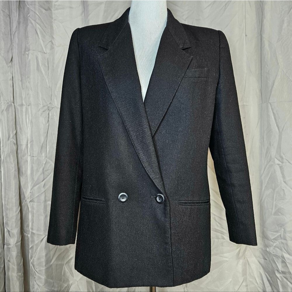 Sasson Vintage 80s Black Double Breasted Wool Blend Preppy Blazer Jacket
